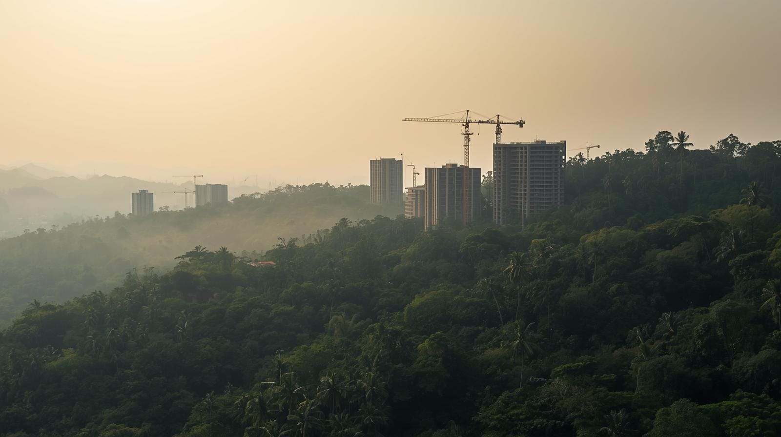Construction cranes rise against Phuket’s tropical hillside forest.