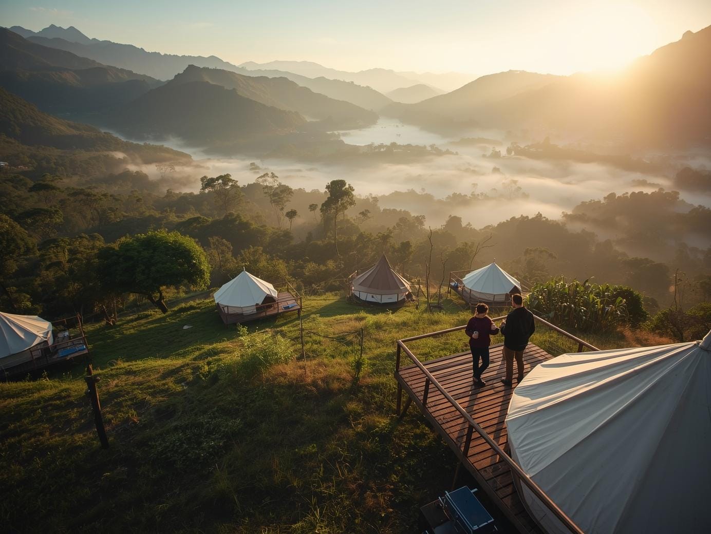 At sunrise, multiple dome tents dot a green mountainside in Chiang Mai with mist in the valley below.