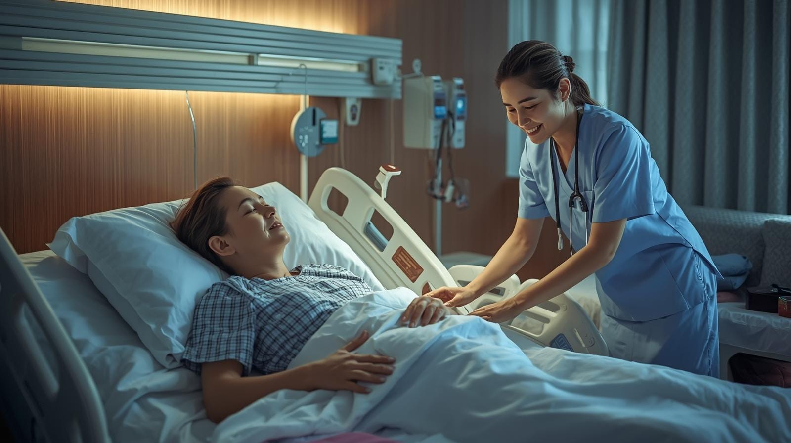 An expat patient in a private hospital room being tended to by a Thai nurse.