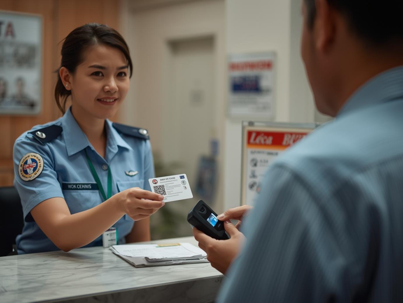 A Thai official scans the QR code on a foreign worker’s new digital work permit card at a counter, underscoring that verification and rules still apply.