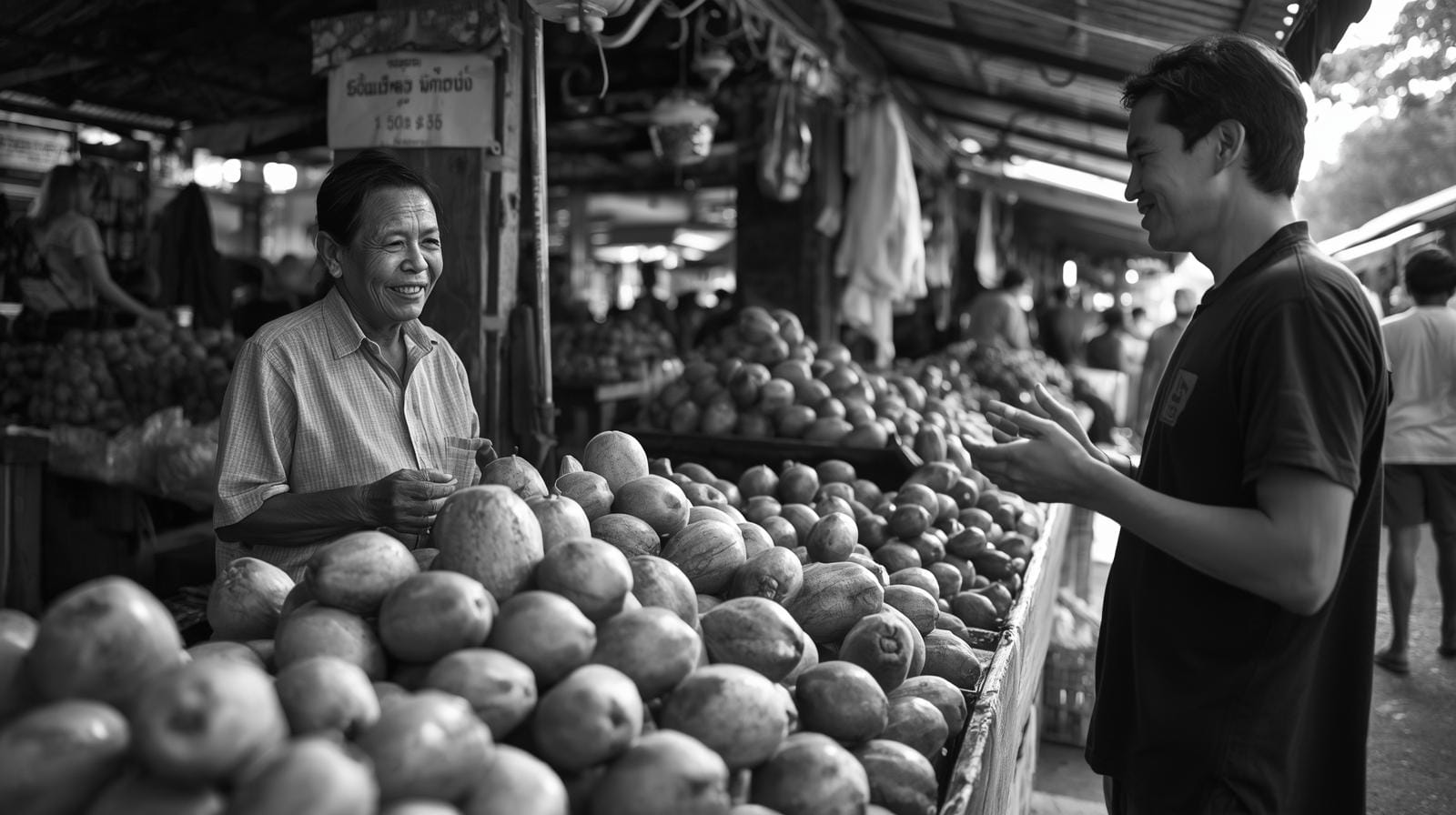 Local market vendor sharing a laugh with a foreign resident — a glimpse of Thailand’s warmth and everyday connection.