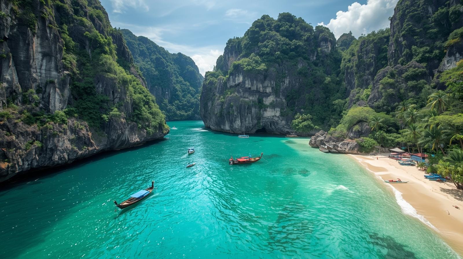 Tour boats float in the clear turquoise water of Maya Bay, framed by towering green limestone cliffs and a white sandy beach on Phi Phi Island