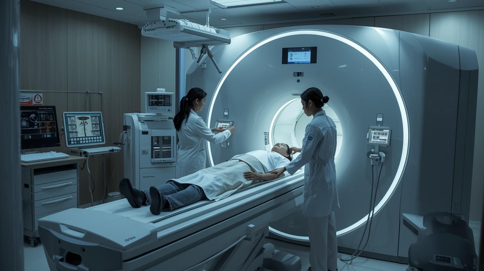 Thai medical staff assist a patient undergoing an MRI scan in a modern hospital.