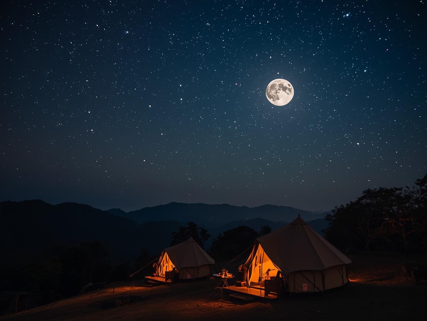 Two tents on a Chiang Mai hillside at night with the full moon galaxy visible in the starry sky above.