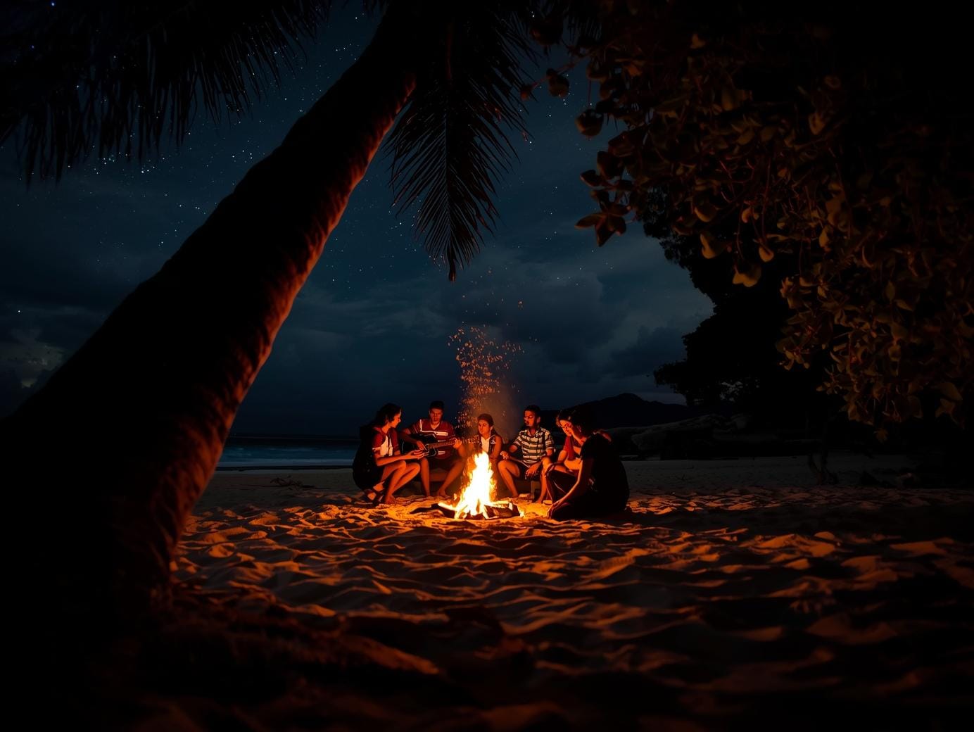 Under a canopy of stars, travelers gather for a beachfront jam session – no neon lights, just firelight and camaraderie.