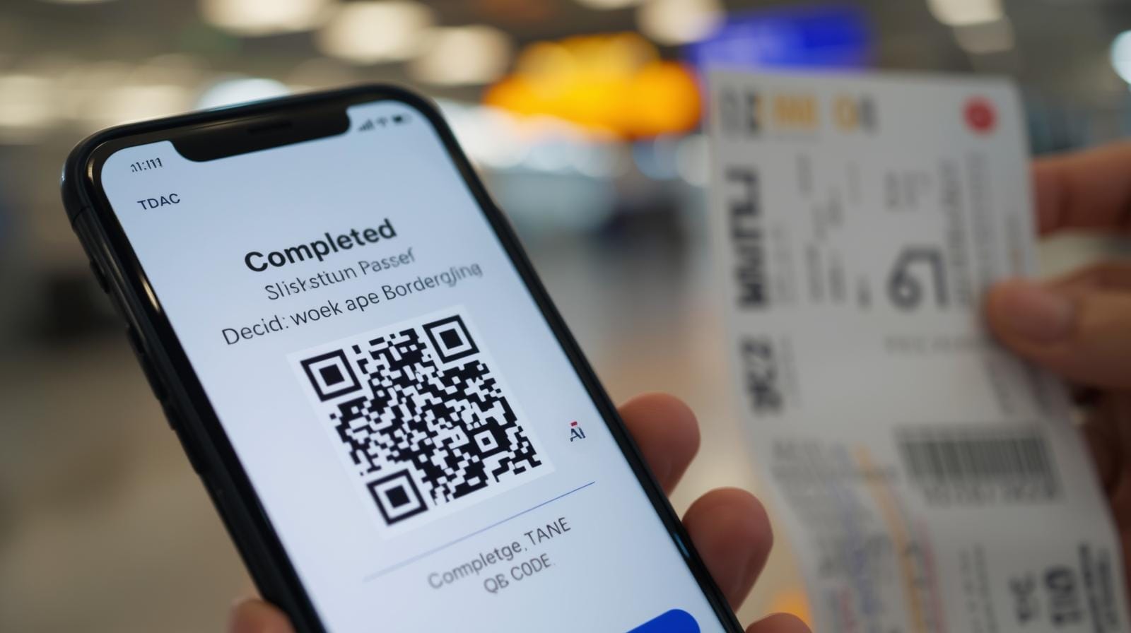 Phone screen showing a completed TDAC QR, boarding pass in hand, gate
