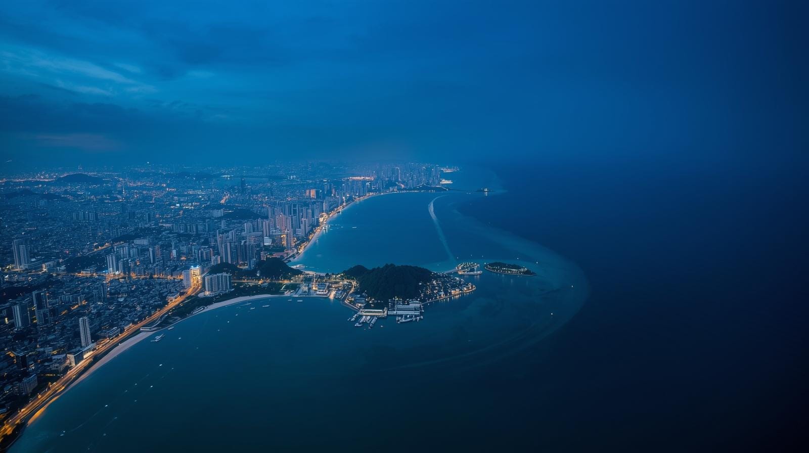 Aerial view blending Bangkok’s skyline and Phuket’s coastline, representing Thailand’s seamless mix of urban life and island leisure.
