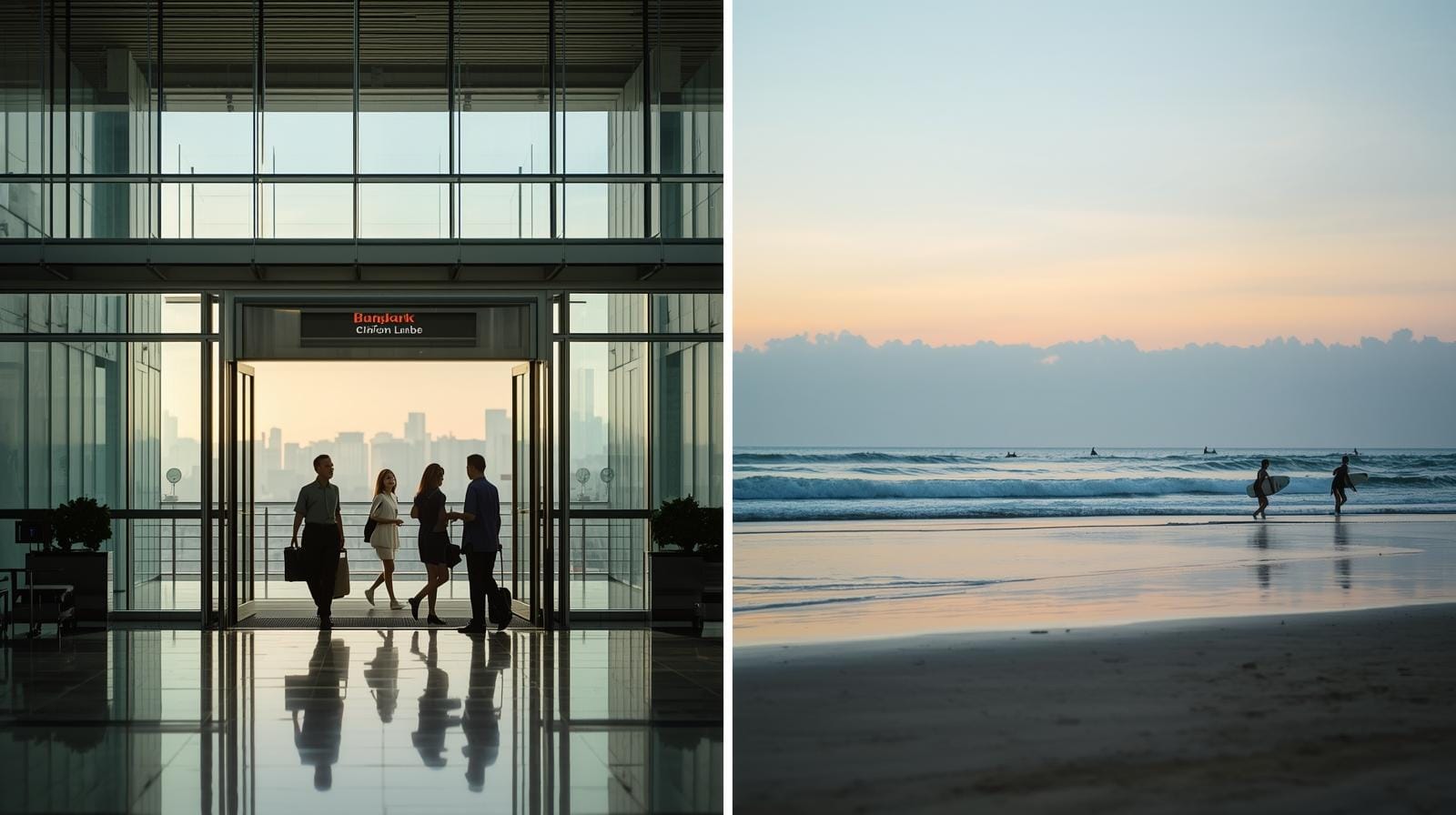 Founders near airport link; surfers at a Trat beach at dawn.