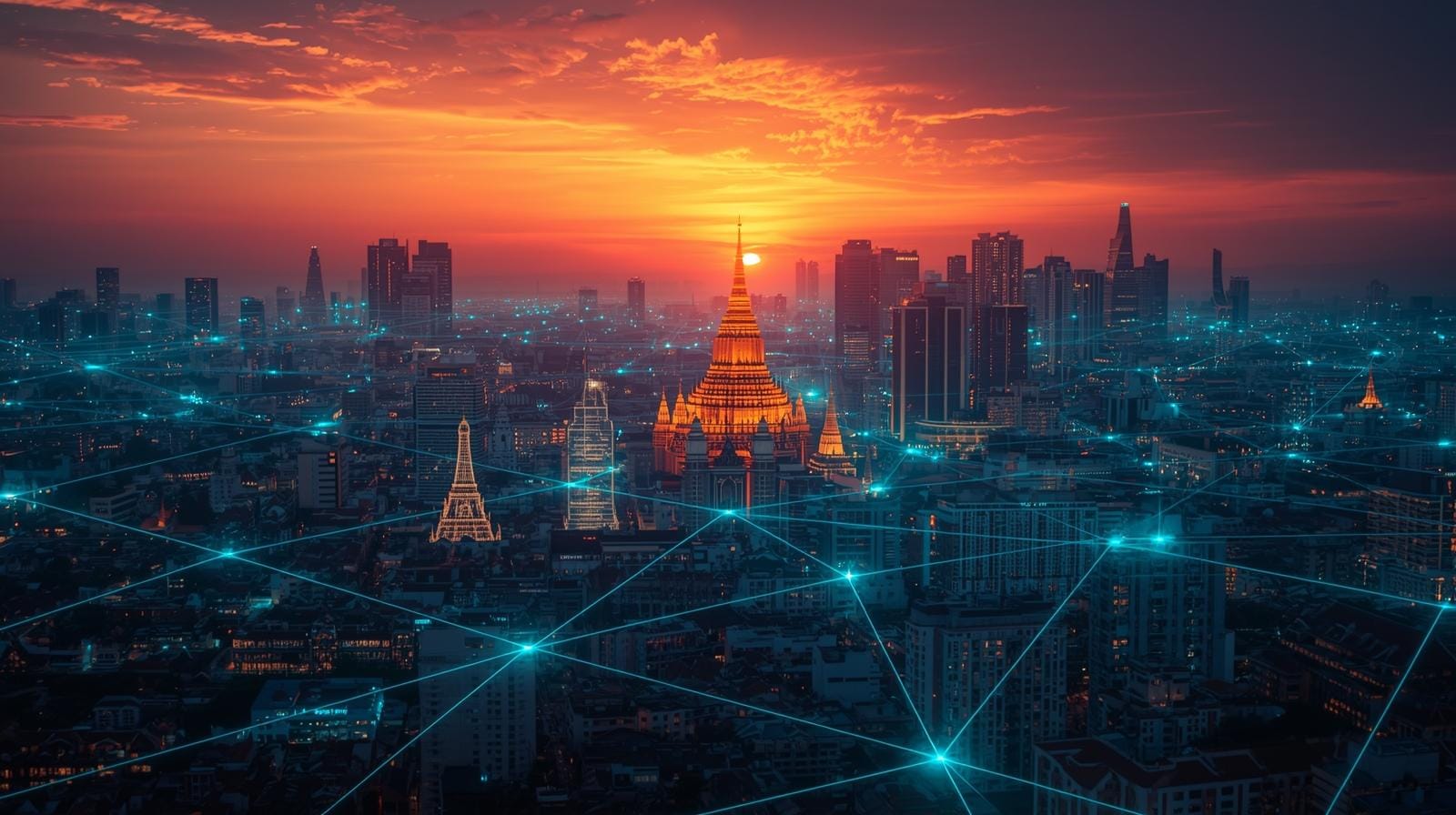 Conceptual montage: a Thailand map with connecting data lines to neighboring countries, symbolizing regional cloud network.