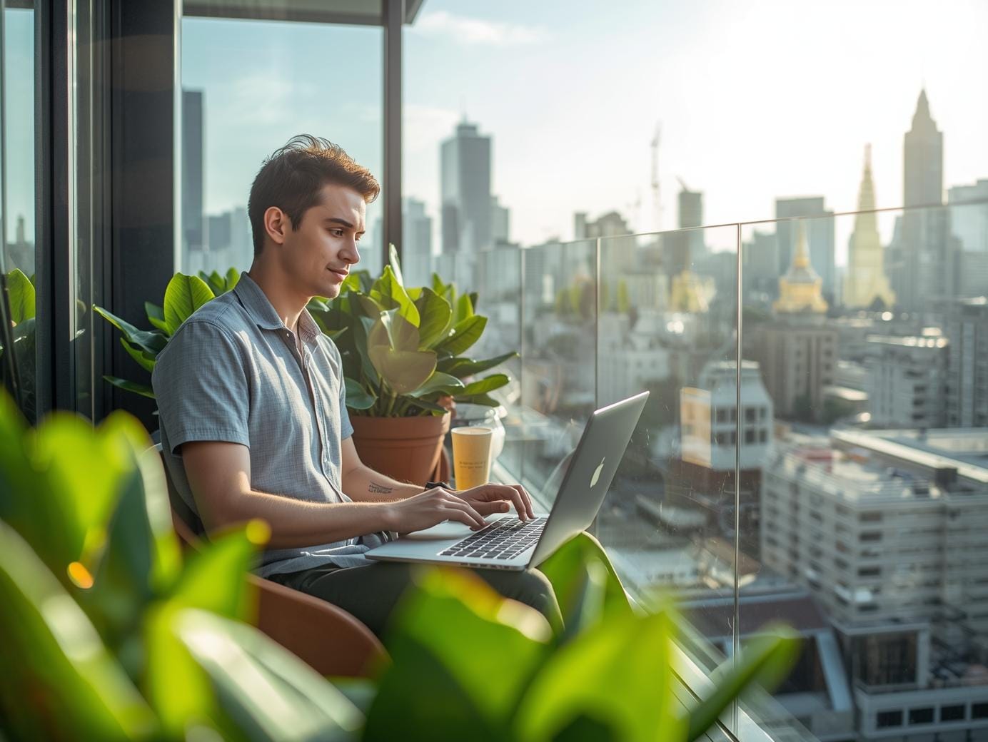 A digital nomad working on a laptop at a Bangkok co-working space terrace, with city skyscrapers and a temple spire in the background.
