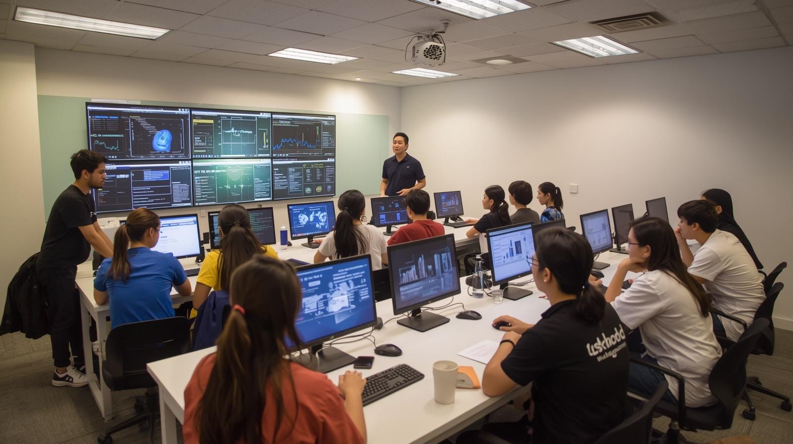 A college classroom setting with students and instructor using laptops, overlaid with holographic AI network graphics.