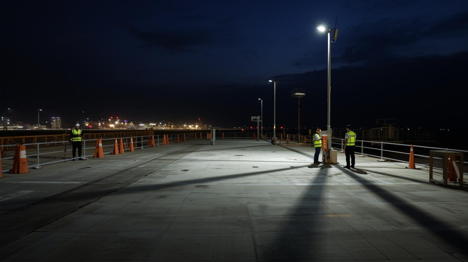 Empty high-speed rail platform works near U-Tapao at dusk.