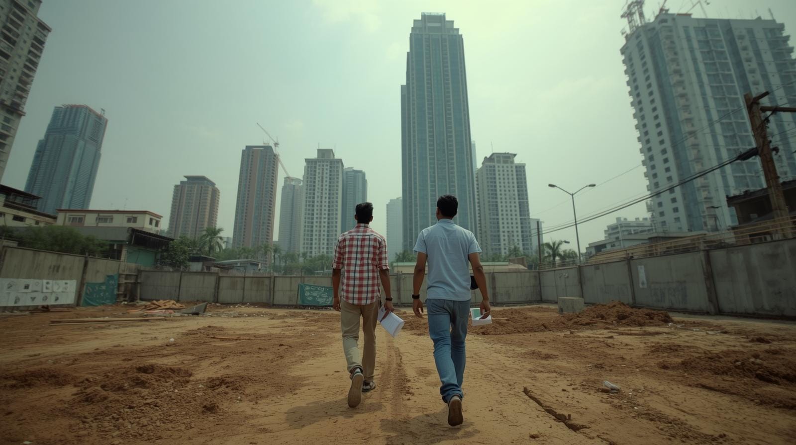 Two small-scale developers in casual shirts walk a dusty plot, holding blueprints and squinting up at new towers nearby.