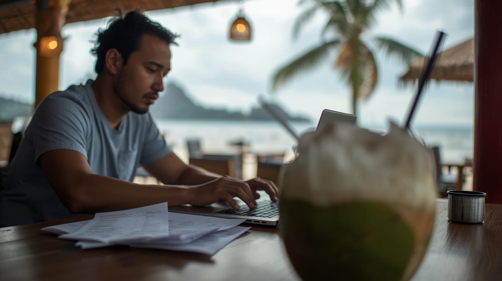 Remote worker at a beachfront café in Koh Samui, illustrating Thailand’s new digital-nomad lifestyle.