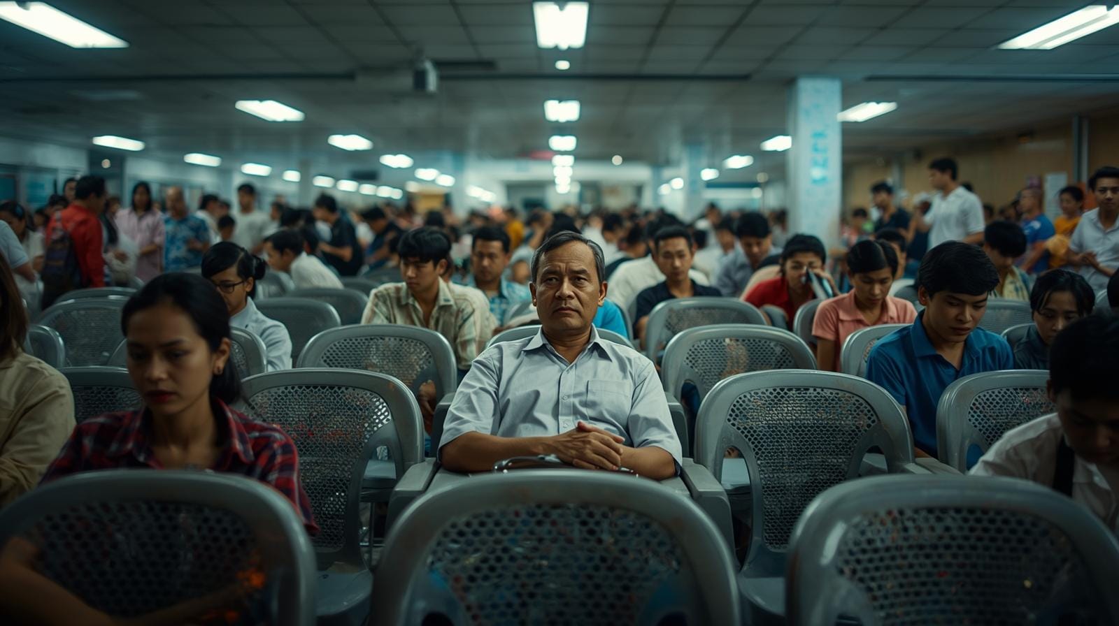 A foreign man sits among many Thai patients in a crowded hospital waiting area.