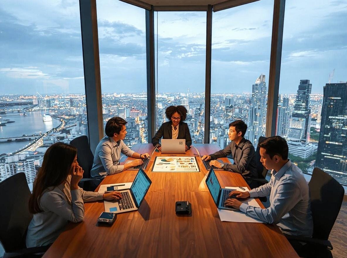 A diverse group of foreign and Thai professionals working together in a modern Bangkok office at dusk, city lights visible through the windows.