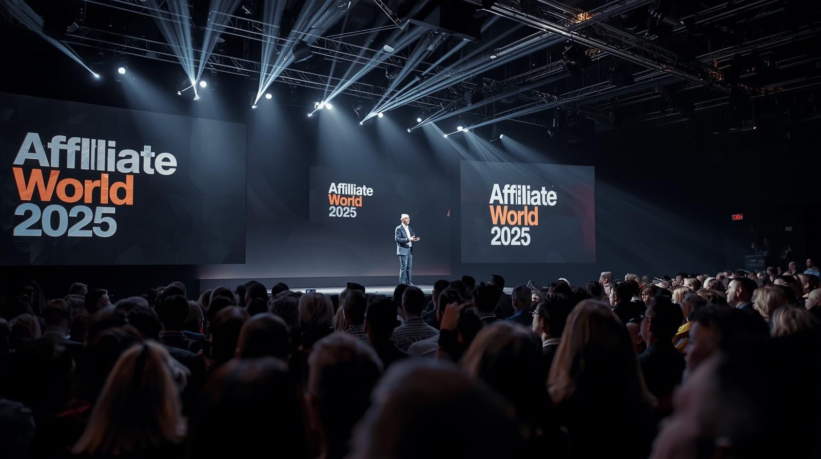 Keynote speaker on stage at Affiliate World Asia 2025, addressing a packed hall of marketers under bright conference lighting.