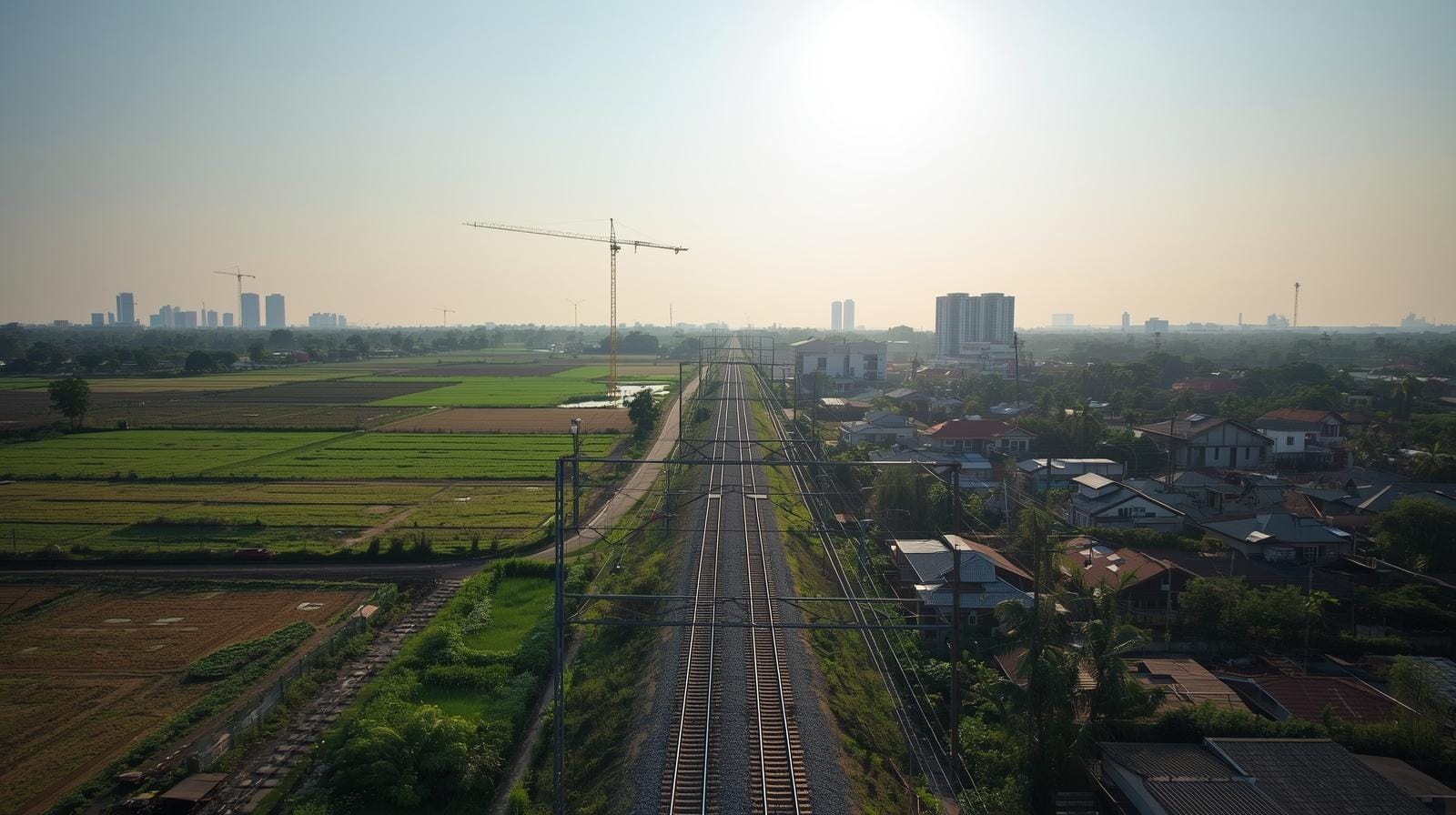 Suburban homes and rice paddies in northern Bangkok’s province, with a commuter train line in the middle.