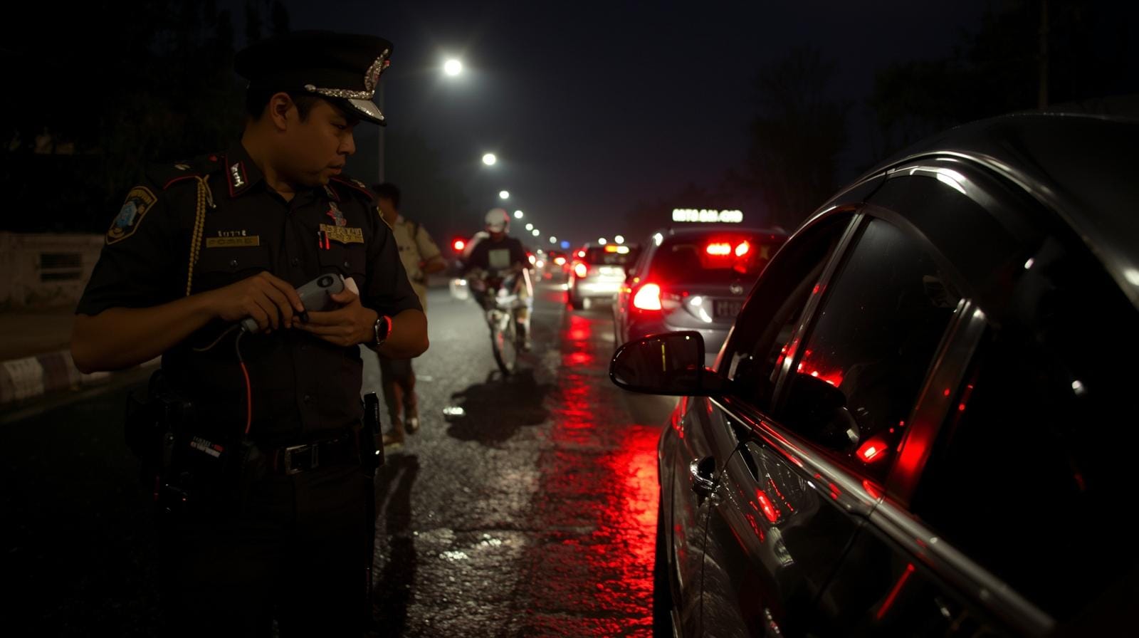 Police conduct a DUI checkpoint on a Bangkok road at night