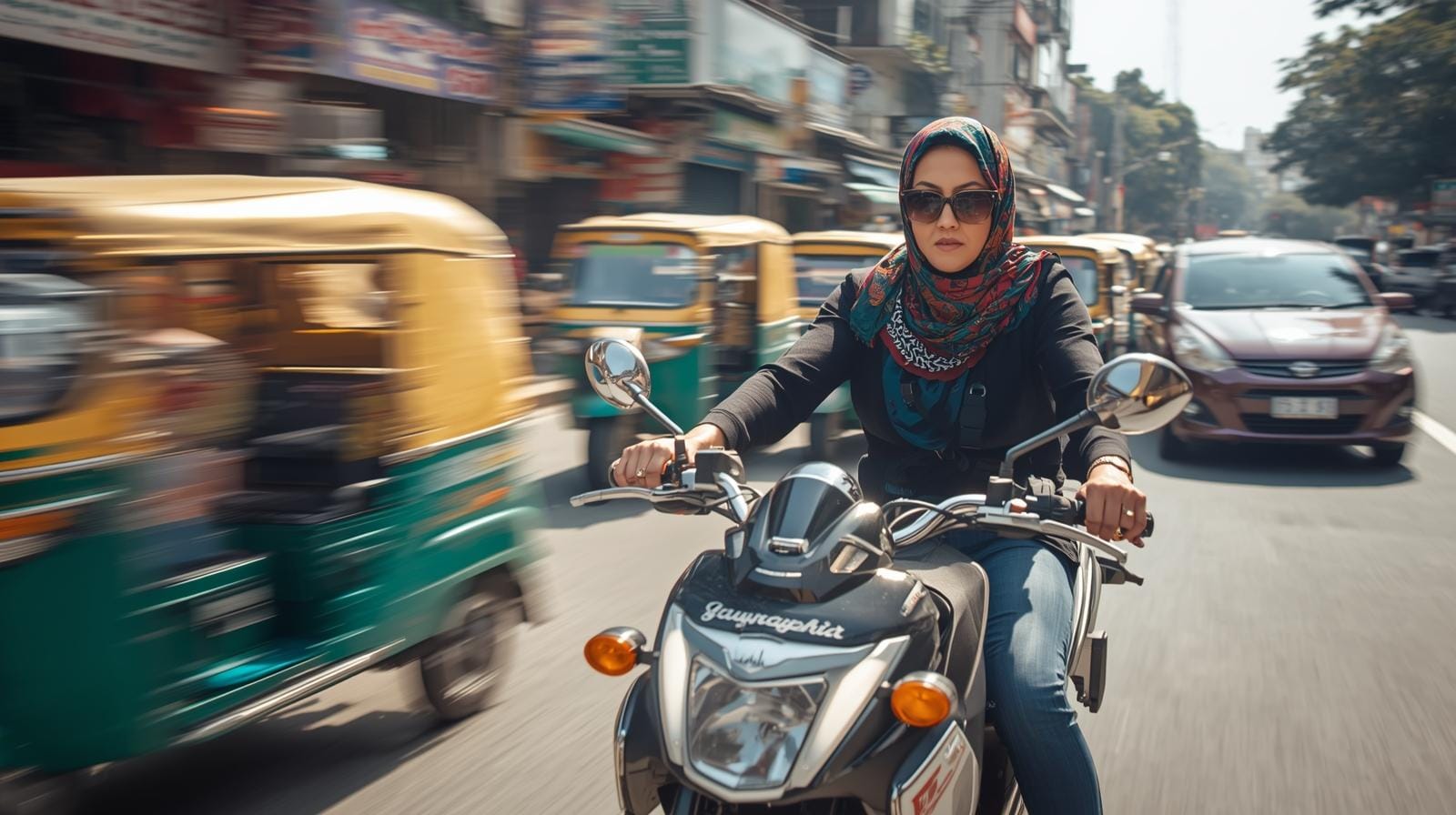 motorcyclists weaving through tight traffic gaps without helmets.
