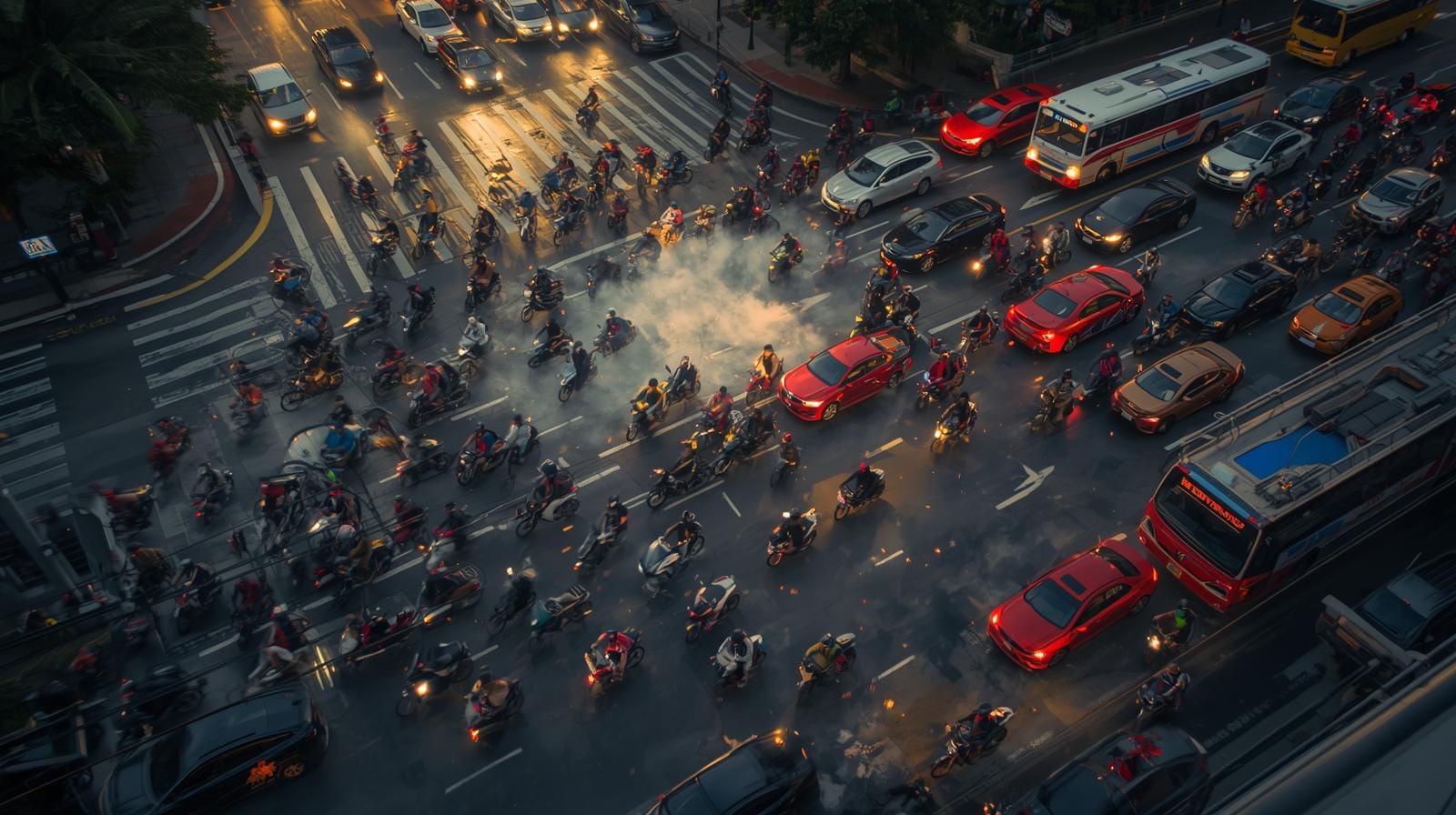 Chaotic traffic in Bangkok’s city center during rush hour – a dense mix of cars, buses and countless motorbikes – illustrates the challenging road environment in Thailand.