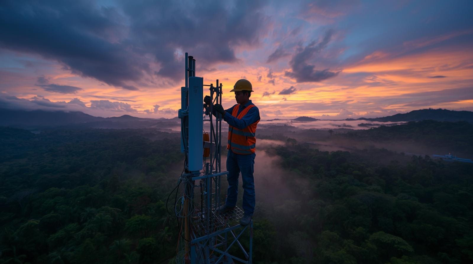Engineer on a Thailand cell tower after floods