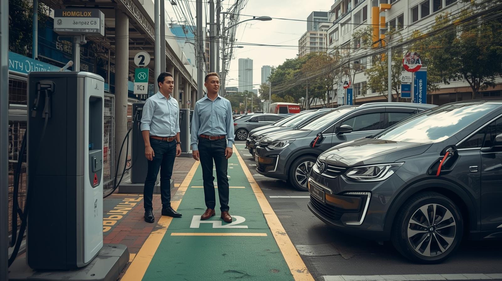 EV owners line up at a central Bangkok charging hub alongside gasoline taxis, illustrating Thailand’s growing but still mixed vehicle market.