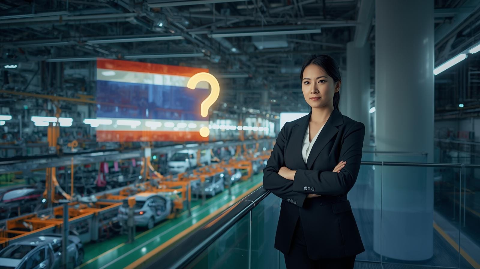 A Thai business leader stands on a mezzanine inside an EV factory, gazing at the production lines below, as a Thai flag is projected alongside a question mark, symbolizing the uncertainty and hope in Thailand’s EV journey.