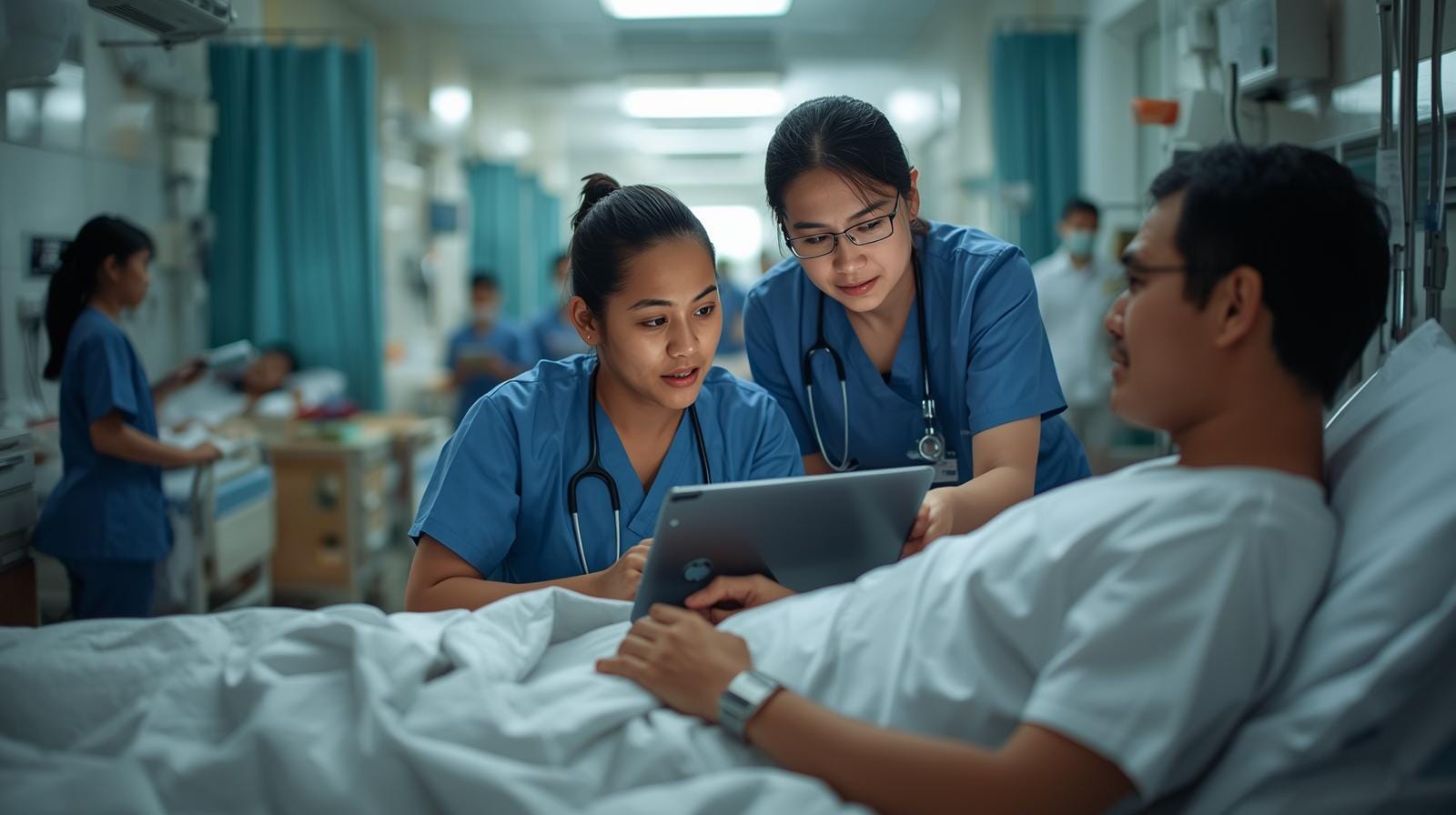 Hospital staff in Thailand using telehealth tools to support patient care during a period of high demand.