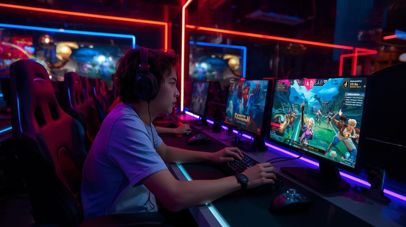 Thai e-sports players gaming under neon lights