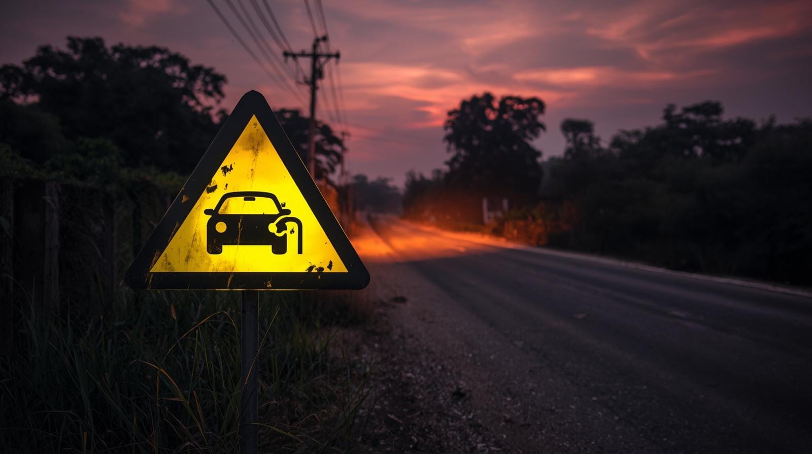 A yellow warning sign with an EV symbol stands by a Thai road at dusk, representing the potential risks in Thailand’s electric vehicle push.