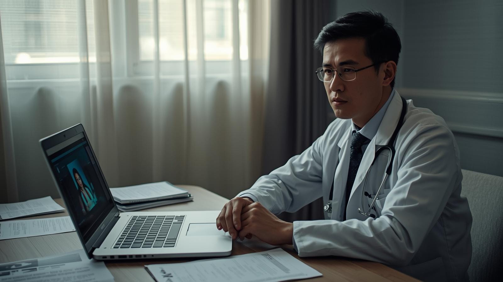 Thai doctor hesitating during a telehealth video call with a patient whose connection is unstable, representing the practical and regulatory limits of remote care.