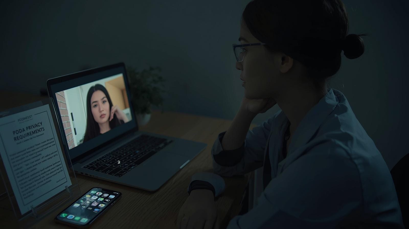 Thai telehealth user conducting a video consult while privacy notices and digital notifications hint at data and security risks in online healthcare.
