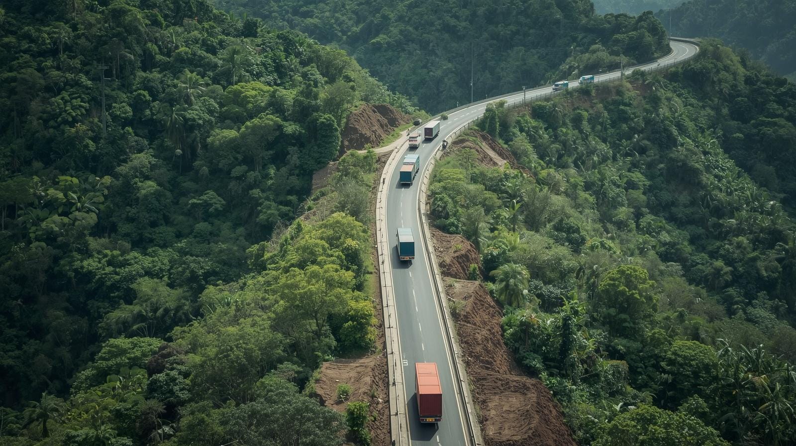 Trucks transporting cargo on a highway cutting through southern Thailand’s forest.