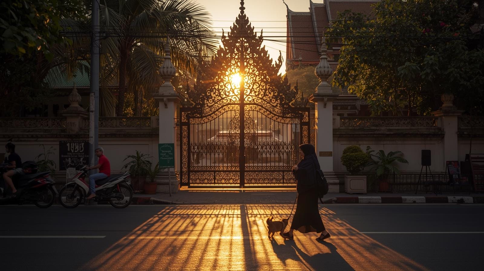 A foreigner walks her dog on a tranquil Bangkok street lined with trees.