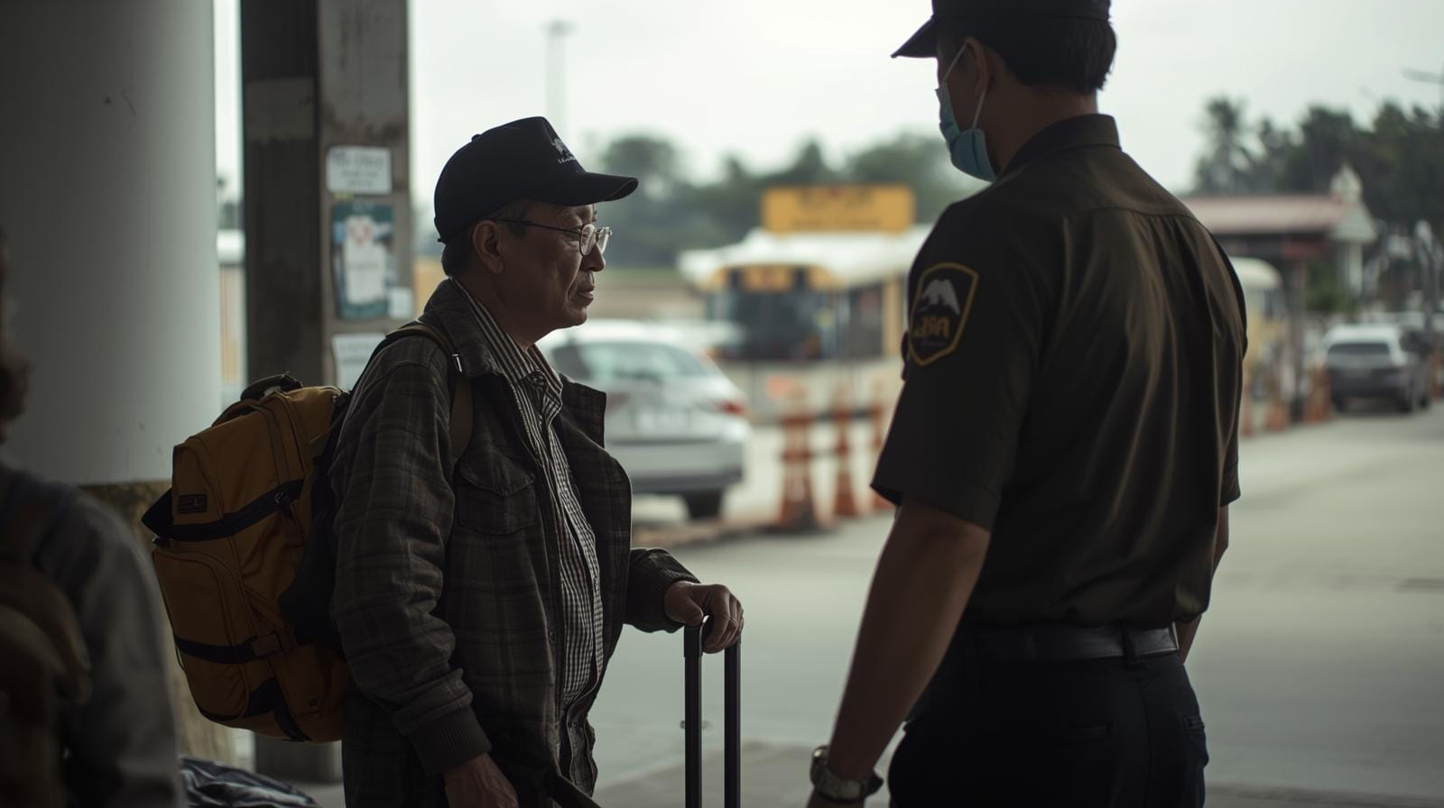 Foreign traveler with suitcase talking to Thai immigration officer at a border crossing checkpoint.