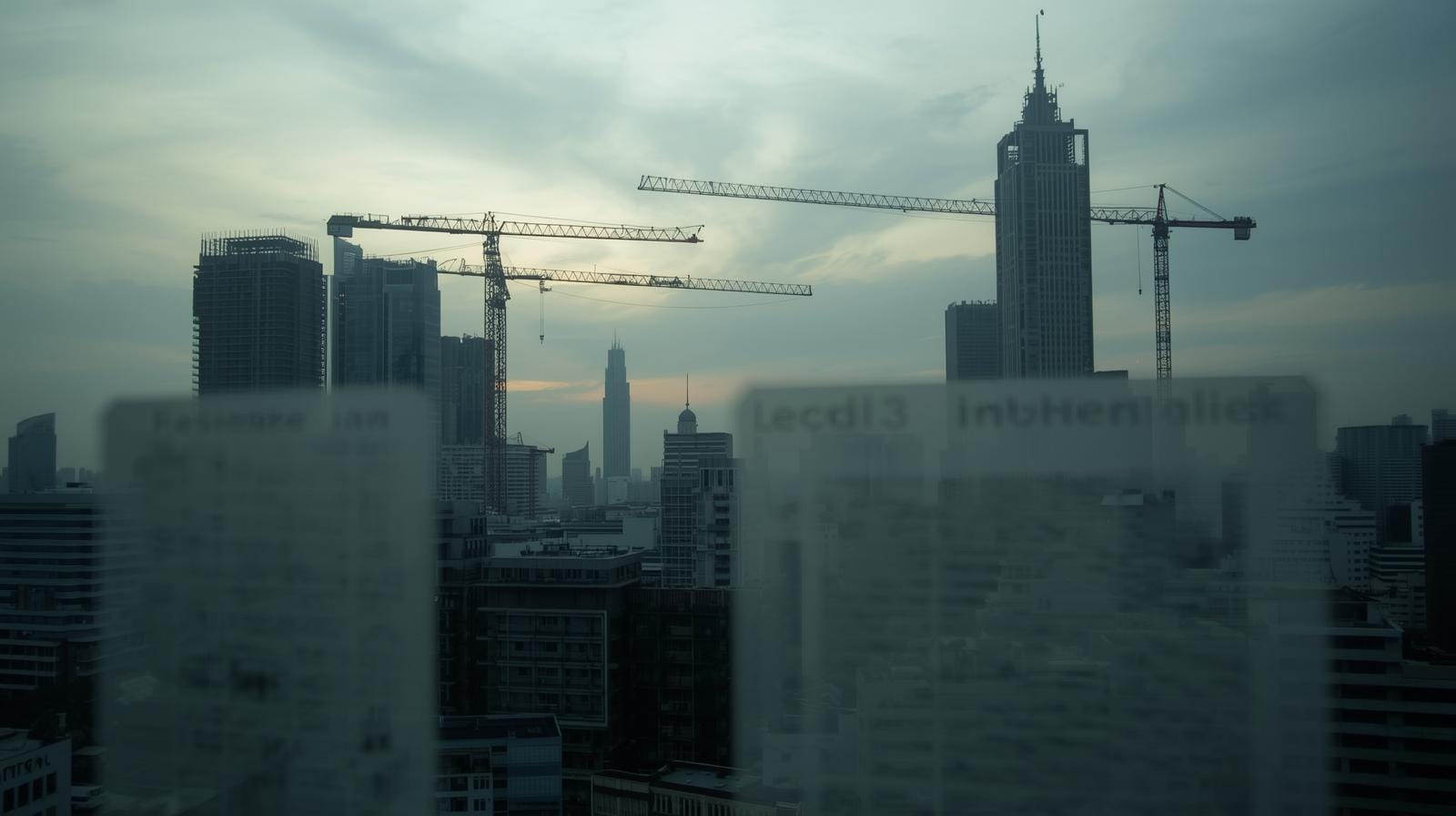 Bangkok skyline at dusk with construction cranes and faint reflections of legal paperwork, symbolizing evolving foreign-ownership rules.