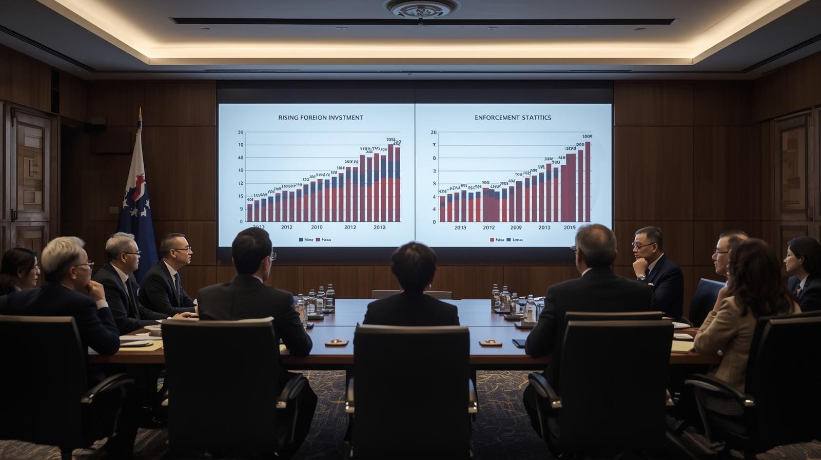 Thai policymakers reviewing investment and enforcement data on a screen during a meeting on foreign business reforms.