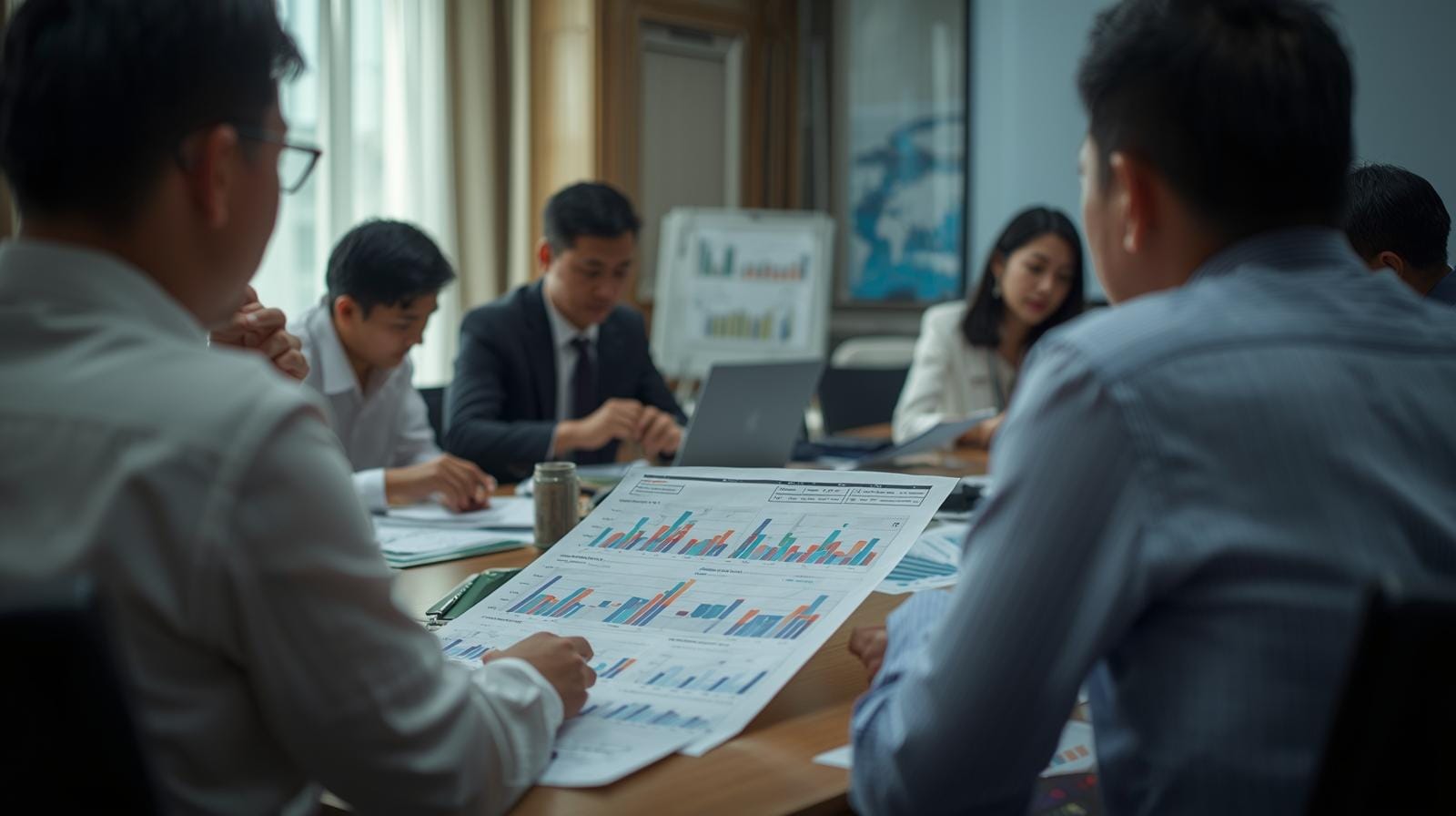 Thai tax officials in a meeting room looking at charts of foreign income flows and tax revenues.