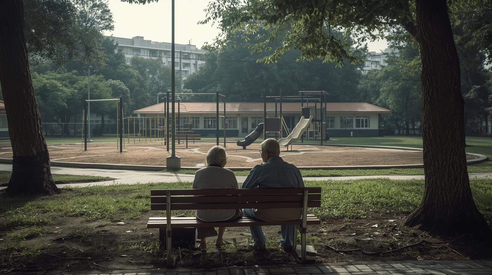 Elderly Thai couple sitting on a park bench beside an empty playground, symbolizing a society with more seniors than children.