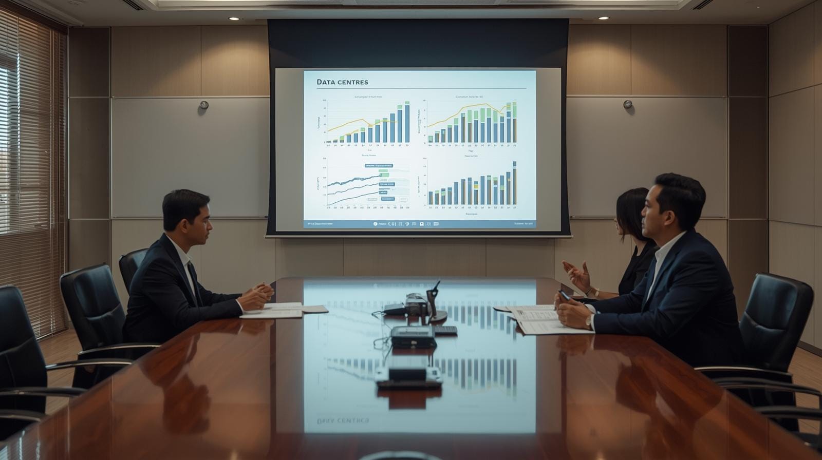 Thai investment officials in a meeting room reviewing printed charts and a screen showing data centre investment figures.