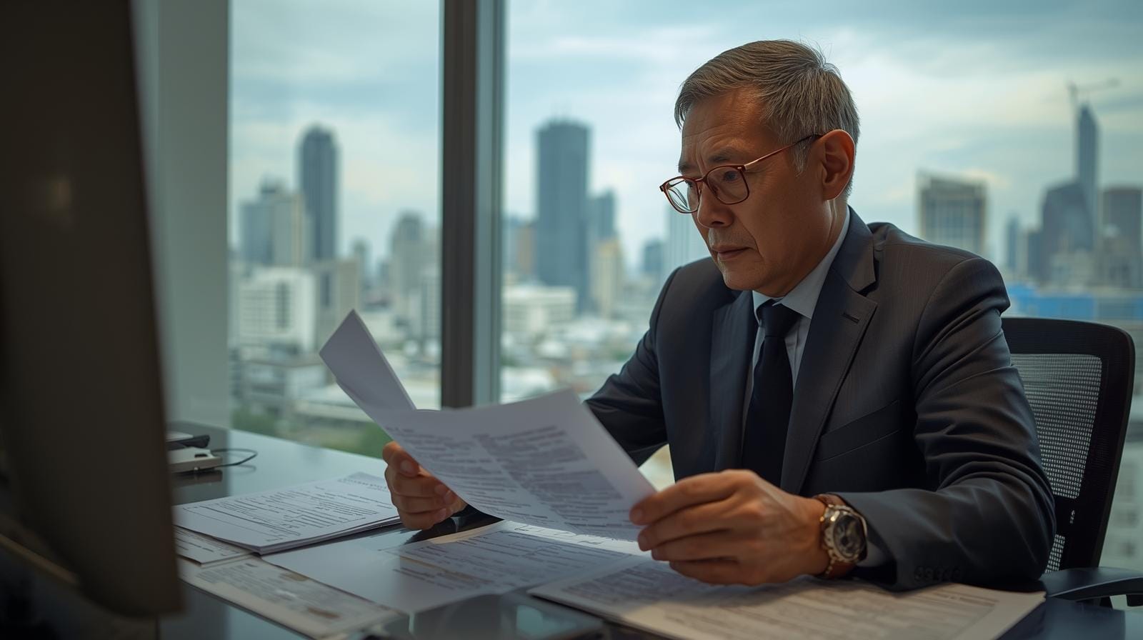 A man in Bangkok holds a property tax document by a window, city skyscrapers in background, symbolizing how policy changes affect real estate.