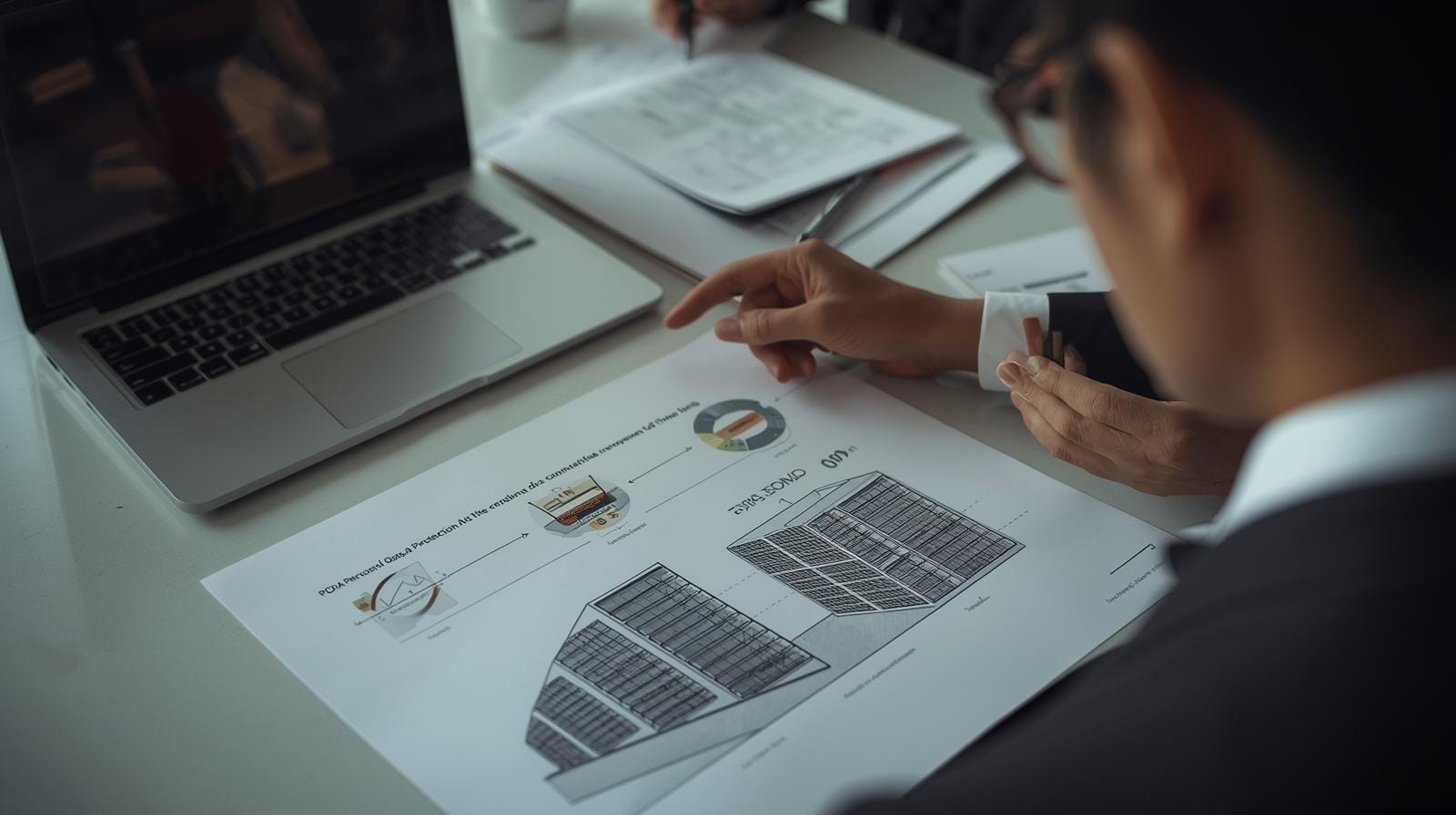 Close-up of legal documents on a desk, including PDPA guidelines, BOI certificates and a printed floorplan of a data centre, with a lawyer’s hands holding a pen.