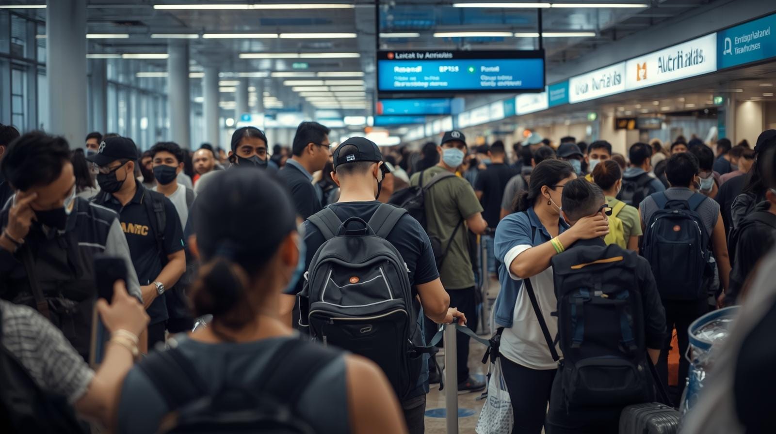 Tourists and travelers lining up at Bangkok airport immigration counters.
