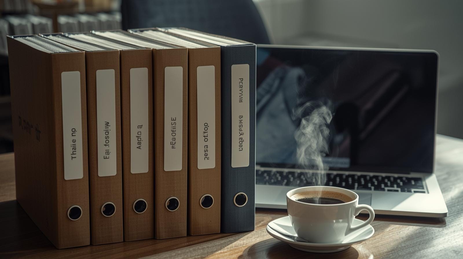 Office desk in Bangkok with folders labeled for different Thai business structures and a laptop, symbolizing choices for foreign investors.