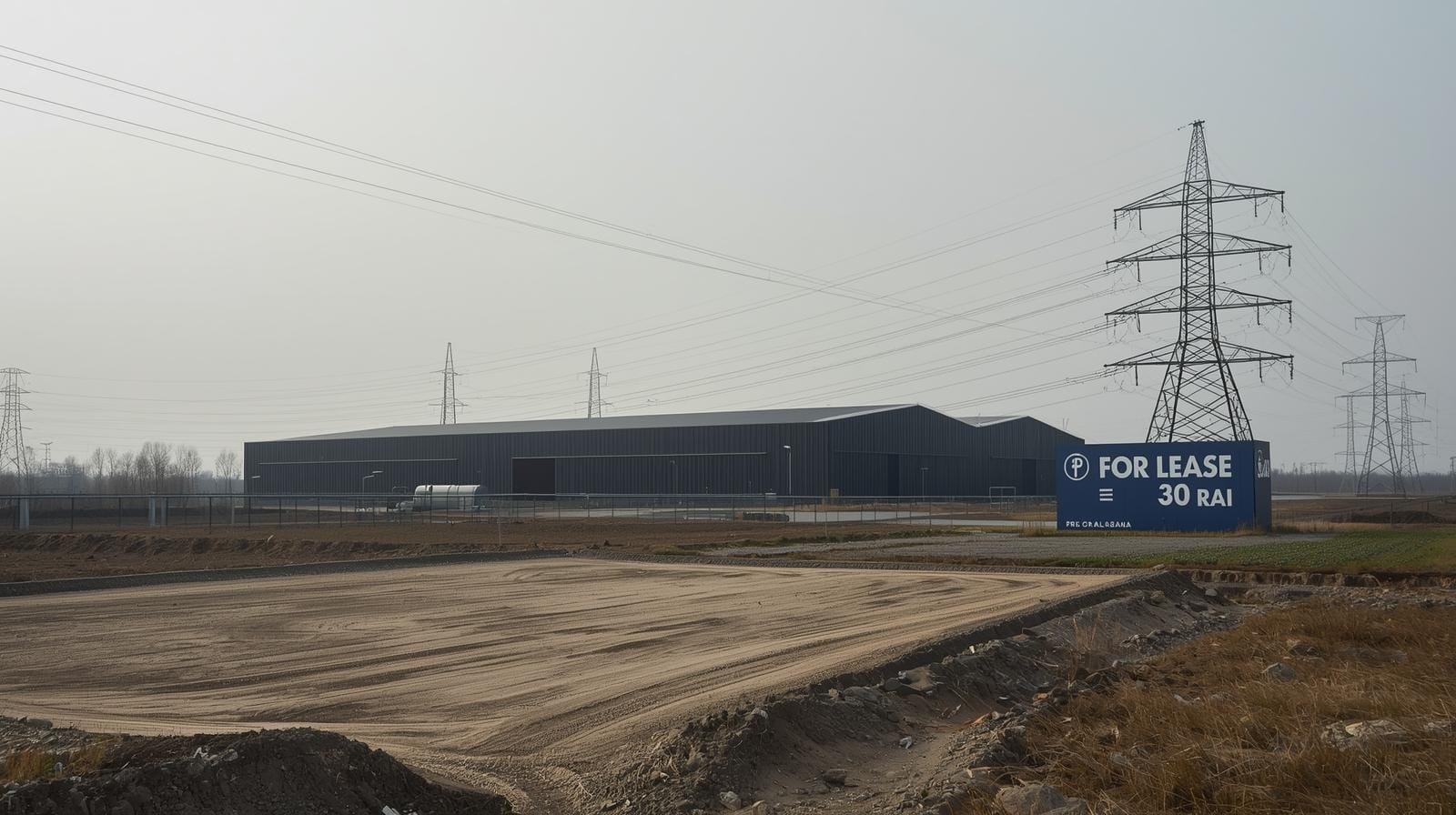 Industrial edge of a Thai city showing a modern white data hall, nearby power pylons and an adjacent vacant plot with a “For Lease” sign.