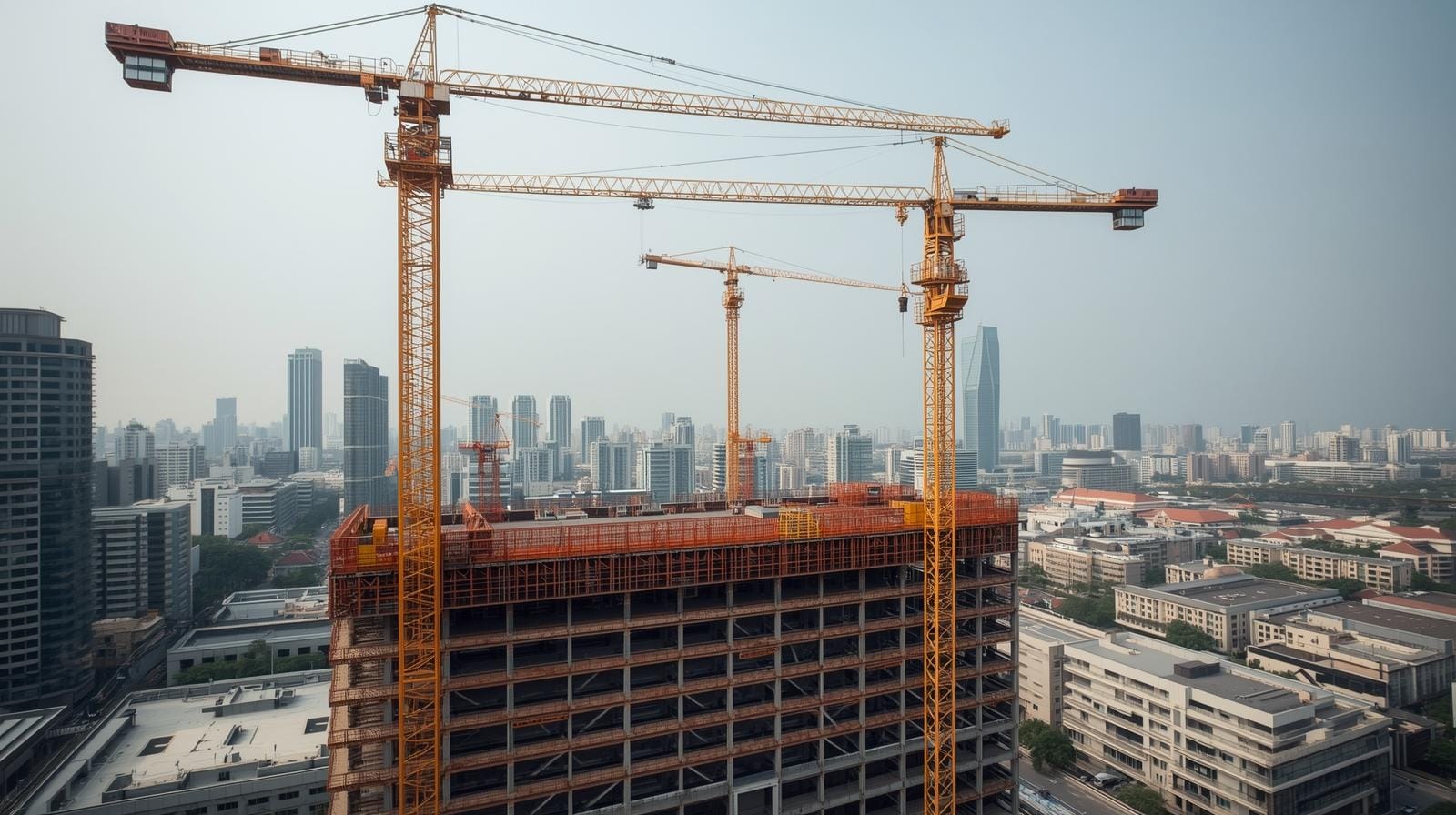 Construction cranes and scaffolding dominate a vast site in North Bangkok where Central Pattana’s new mega-project is rising, with city high-rises visible in the background.
