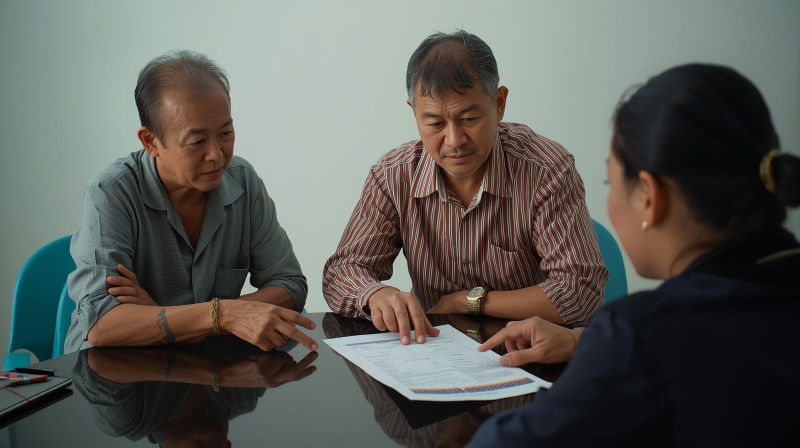 A refugee couple sits across from a Thai HR officer, examining a printed work contract and sample payslip together.