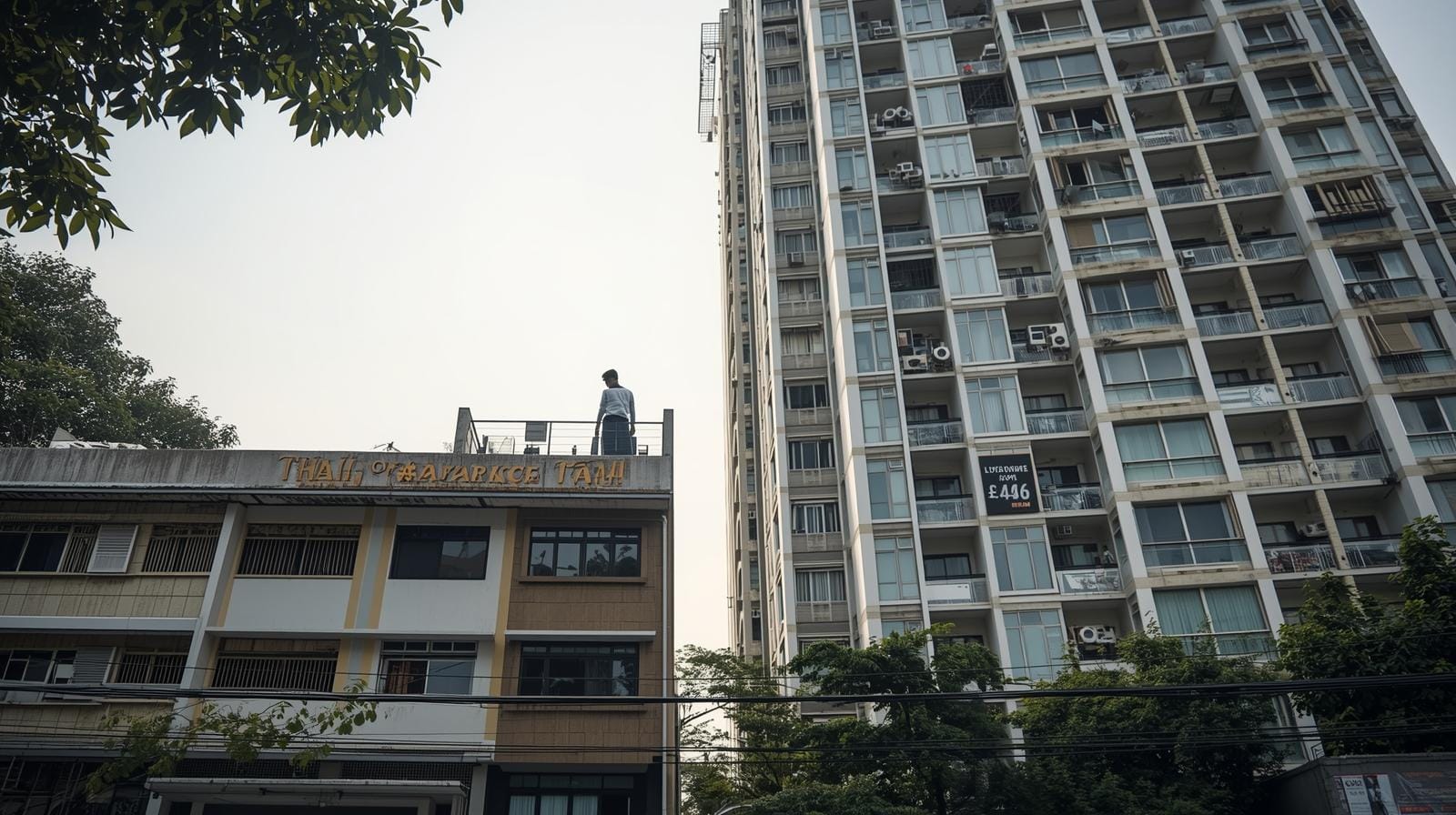 Side-by-side view of a simple mid-rise condominium and an adjacent luxury high-rise in Bangkok, highlighting the contrast in design and appeal between mid-market and luxury segments.