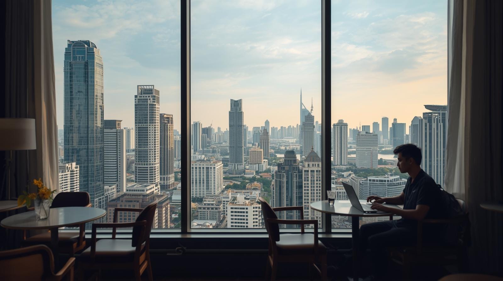 Bangkok skyline of high-rise condos and hotels, and a foreign remote worker on a laptop at a Thai Co Working space.